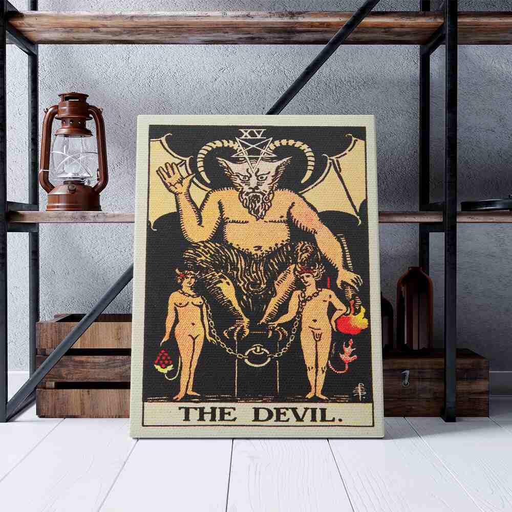 The Devil Tarot Card Canvas Print | Canvas wall art prints by Wall Nostalgia. Custom canvas prints made in Calgary, canvas wall art canada, tarot cards printing Canada, the devil tarot card art prints, tarot card canvas art, devil tarot card art, tarot cards canada, tarot card pictures, canvas prints Canada, tarot deck