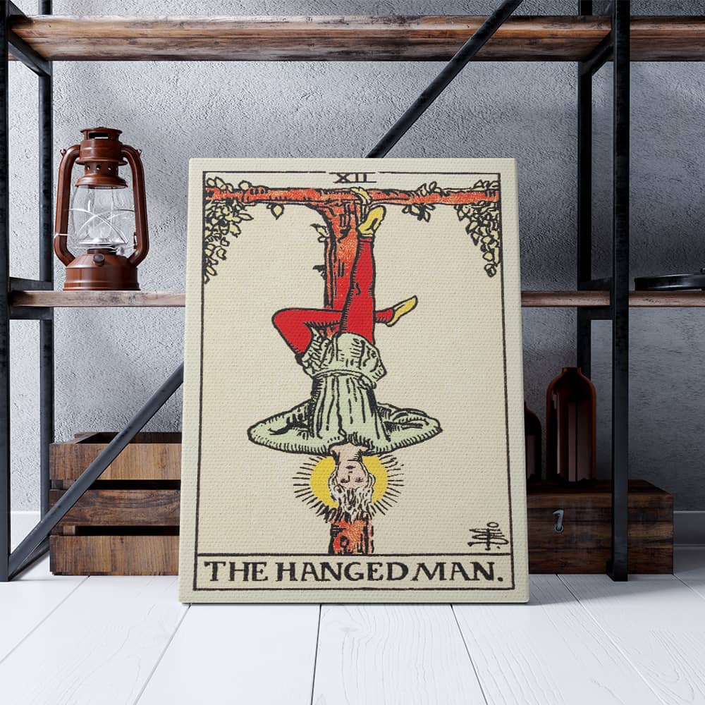The Hanged Man Tarot Card Canvas Print | Canvas wall art prints by Wall Nostalgia. Custom canvas prints made in Calgary, canvas wall art canada, tarot cards printing Canada, hanged man tarot card art prints, hanged man tarot card canvas art, tarot card art, tarot cards canada, tarot card pictures, canvas prints Canada