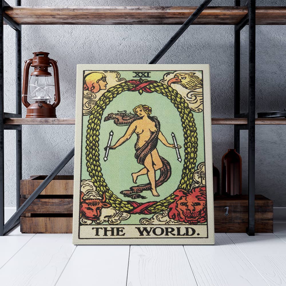 The World Tarot Card Canvas Print | Canvas wall art prints by Wall Nostalgia. Custom canvas prints made in Calgary, canvas wall art canada, tarot cards printing Canada, the world tarot card art prints, world tarot card canvas art, the world tarot card art, tarot cards canada, tarot card pictures, canvas prints Canada