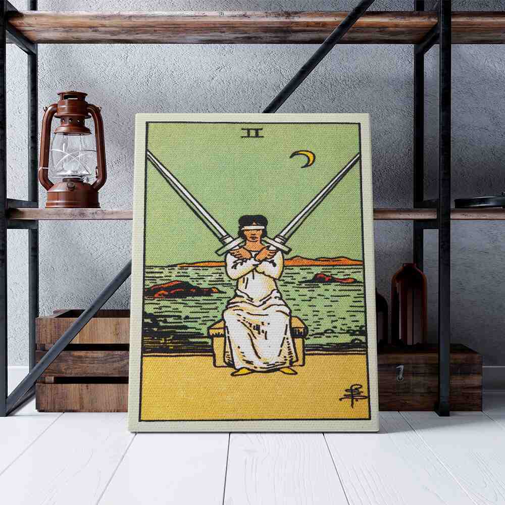 Two of Swords Tarot Card Canvas Print | Canvas wall art prints by Wall Nostalgia. Custom canvas prints, canvas wall art canada, tarot cards printing Canada, tarot card art prints, two of swords tarot card canvas art, two of swords tarot card art, tarot cards canada, tarot card pictures, canvas prints Canada