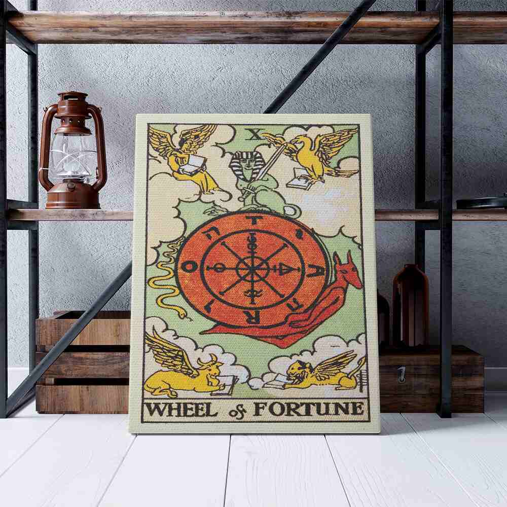 Wheel of Fortune Tarot Card Canvas Print | Canvas wall art prints by Wall Nostalgia. Custom canvas prints made in Calgary, canvas wall art canada, tarot cards printing Canada, tarot card art prints, wheel of fortune tarot card canvas art, tarot card art, tarot cards canada, tarot card pictures, canvas prints Canada