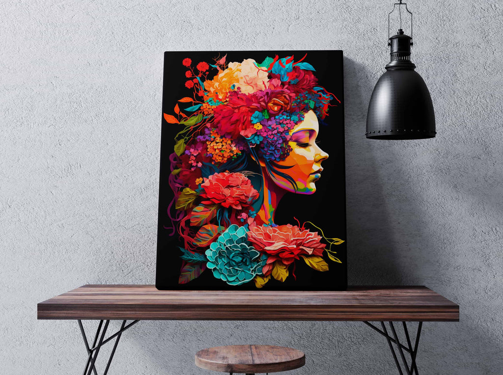 Flower Woman Print | Canvas wall art print by Wall Nostalgia. Custom Canvas Prints, Made in Calgary, Canada | Large canvas prints, framed canvas prints, Flower Woman Canvas Print | Feminine Wall Art, Girly Wall Art, Flower Head Art, Flower Head Woman, Flower Head Wall Art, Floral Art Print, Floral Head Print, Flowers