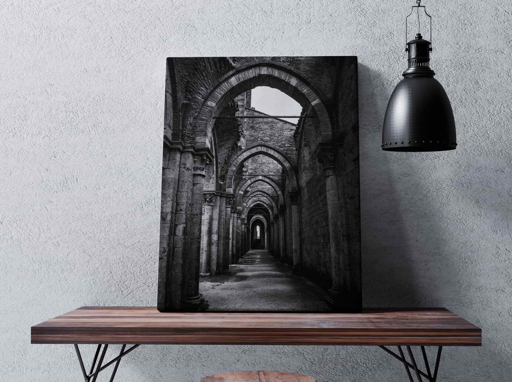 Stonework Corridors Canvas Print | Canvas wall art print by Wall Nostalgia. Custom Canvas Prints, Made in Calgary, Canada | Large canvas prints, Architecture Canvas Print, Door Print, Door Canvas Wall Art, Architecture Print, Architecture Art Print, Black and White Wall Art of Doorway, Black and White Photo Print