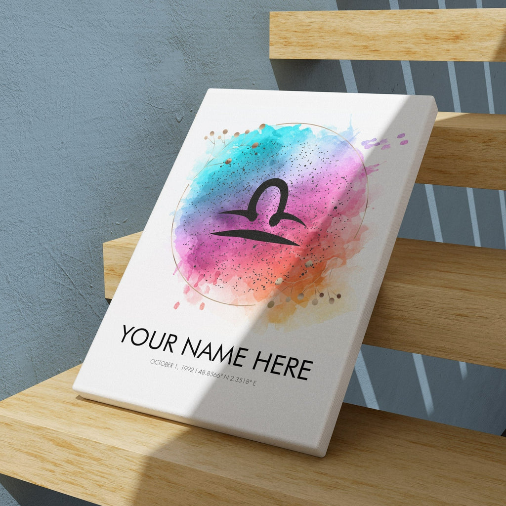 Our customizable zodiac watercolor prints let you create personalized wall art using a birth date and location. Four design styles to choose from: zodiac symbol, zodiac constellation map, realistic, and childish. The zodiac constellation print maps can be ready-to-hang canvas wall art, a framed print, or rolled print.