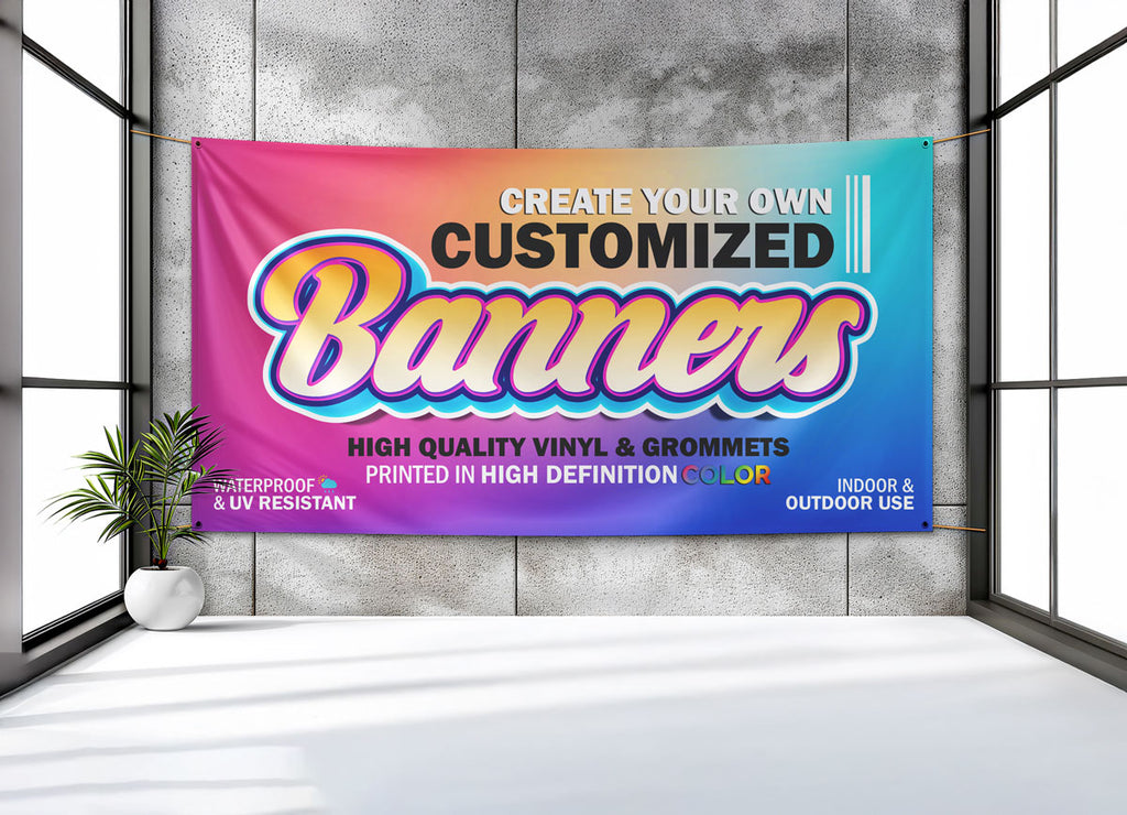 Colorful banner with text 'Create your own customized banners' on a gray wall. This vinyl banner was printed by Wall Nostalgia custom printing in Calgary, Alberta, Canada.