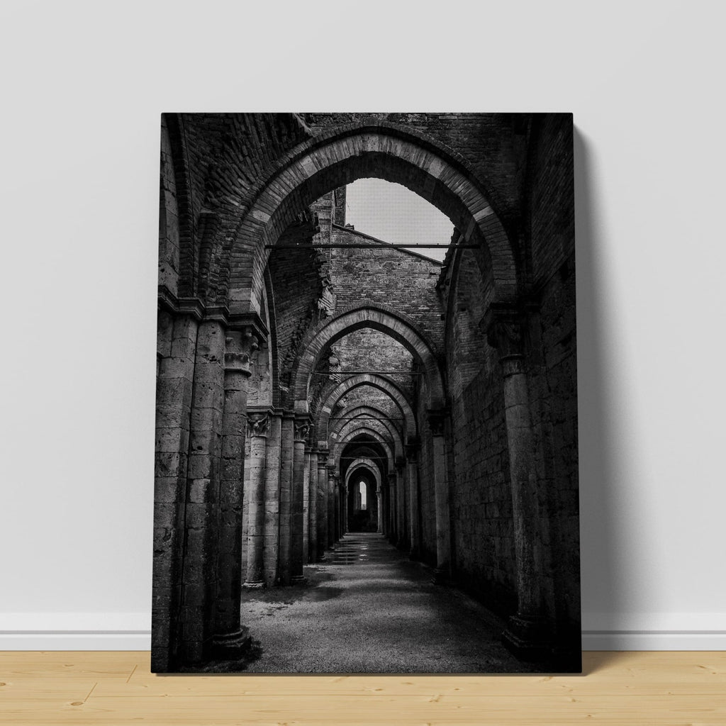 Stonework Corridors Canvas Print | Canvas wall art print by Wall Nostalgia. Custom Canvas Prints, Made in Calgary, Canada | Large canvas prints, Architecture Canvas Print, Door Print, Door Canvas Wall Art, Architecture Print, Architecture Art Print, Black and White Wall Art of Doorway, Black and White Photo Print