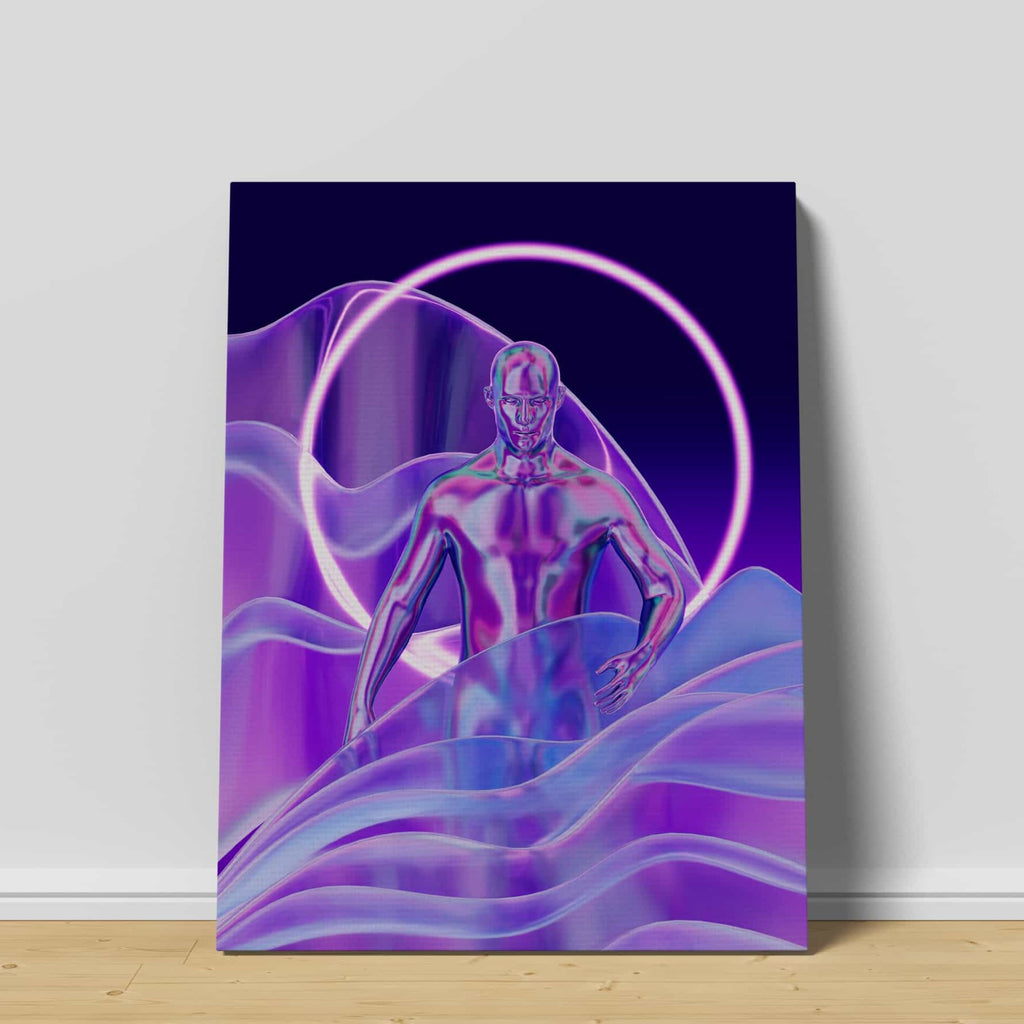 Holograph Man Synthwave Canvas Art Print | Canvas wall art print by Wall Nostalgia. Custom Canvas Prints, Made in Calgary, Canada | Large canvas prints, framed canvas prints, retrowave prints, Synthwave Holographic Art Print, Synthwave Canvas, Synthwave Art, Vaporwave Print, Vaporwave Wall Art, Vaporwave Canvas Art