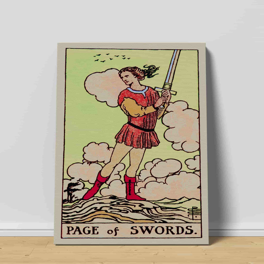 Page of Swords Tarot Card Canvas Print | Canvas wall art print by Wall Nostalgia. Custom Canvas Prints, Made in Calgary, Canvas wall art canada, Tarot Cards Printing Canada, Page of Swords Tarot Card Art Prints, Tarot Card canvas art, tarot card art, Tarot Cards Canada, Tarot Card Pictures, canvas prints Canada
