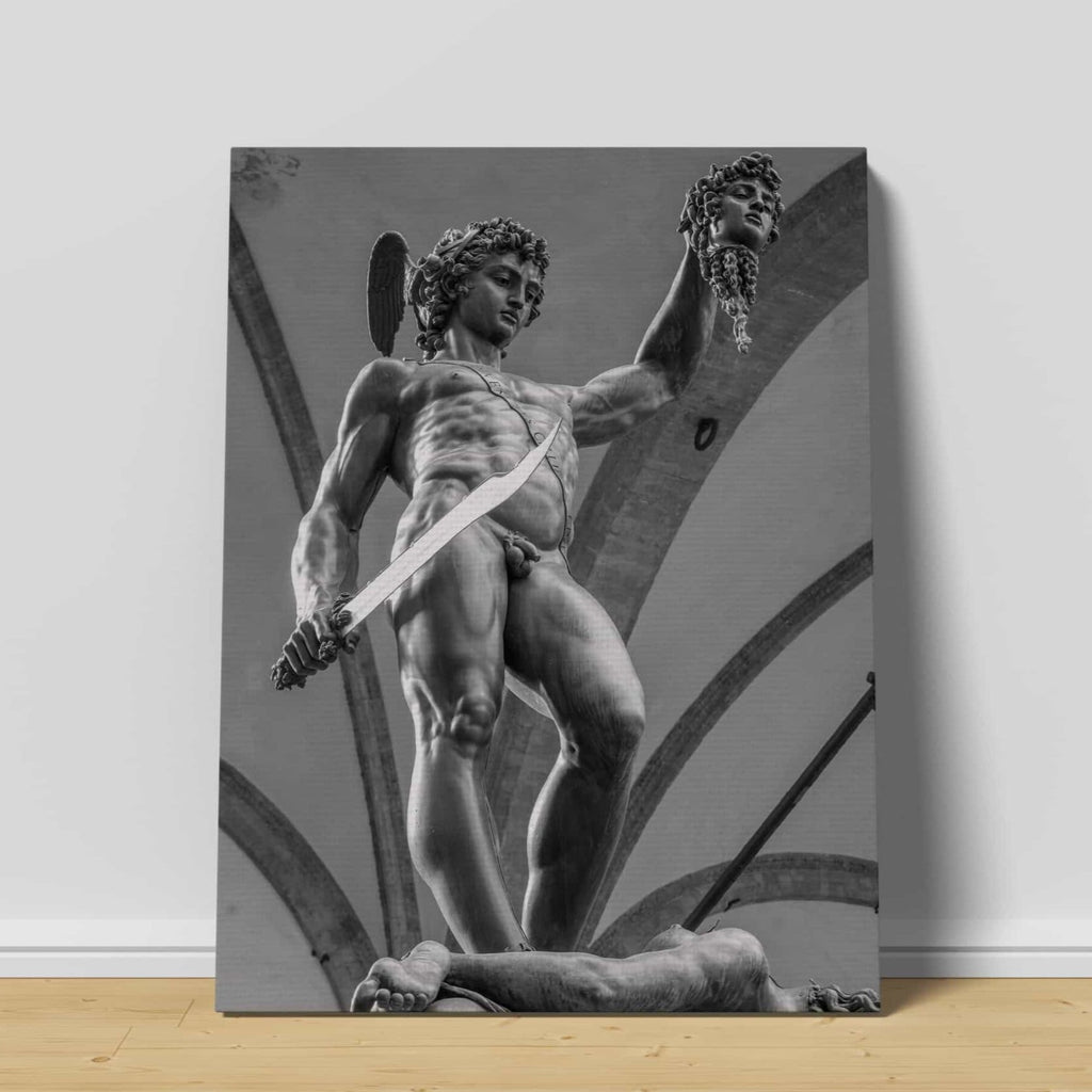 Perseus Print | Canvas wall art print by Wall Nostalgia. Custom Canvas Prints, Made in Calgary, Canada | Large canvas prints, framed canvas prints, Perseus and Medusa Canvas Print | Black and White Perseus Art Print, Greek Statue Wall Art, Greek Statue Print, Greek Art Print, Greek Print, Perseus and Medusa Wall Art