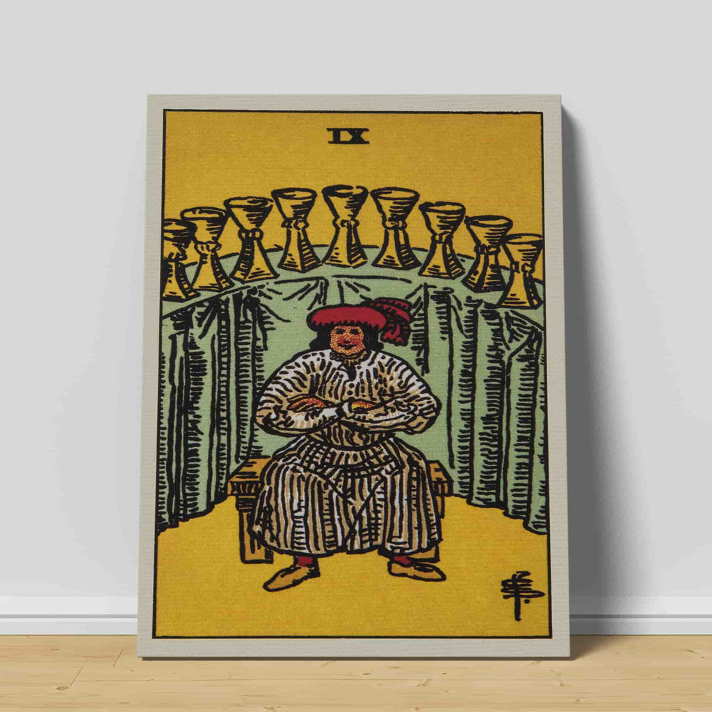 Nine of Cups Tarot Card Art Print | Canvas wall art print by Wall Nostalgia. Custom Canvas Prints, Made in Calgary, Canvas wall art canada, Tarot Cards Printing Canada, Nine of Cups Tarot Card Art Prints, Tarot Card canvas art, Nine of Cups tarot card art, Tarot Cards Canada, Tarot Card Pictures, canvas prints Canada