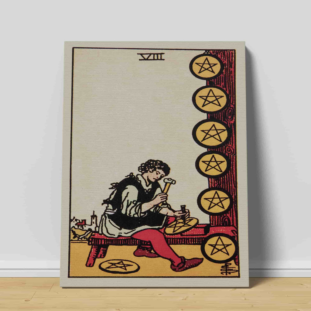 Eight of Pentacles Art Print | Canvas wall art print by Wall Nostalgia. Custom Canvas Prints, Made in Calgary, Canvas wall art canada, Tarot Cards Printing Canada, Tarot Card Art Prints, Tarot Card canvas art, tarot card art, Tarot Cards Canada, Tarot Card Pictures, canvas prints canada, eight of pentacles tarot card