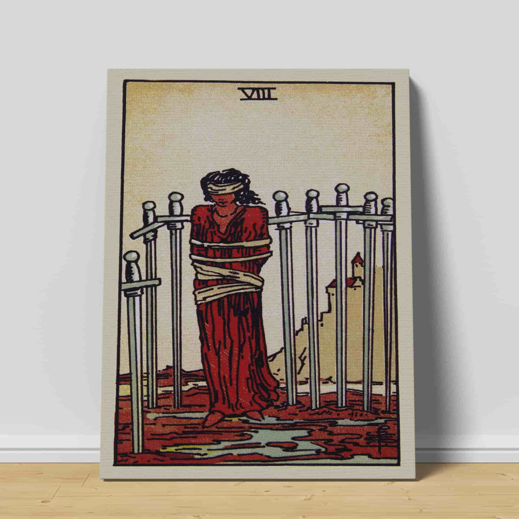 Eight of Swords Tarot Card Art Print | Canvas wall art print by Wall Nostalgia. Custom Canvas Prints, Made in Calgary, Canvas wall art canada, Tarot Cards Printing Canada, Tarot Card Art Prints, Tarot Card canvas art, tarot card art, Tarot Cards Canada, Tarot Card Pictures, canvas prints canada, Eight of Swords Tarot 