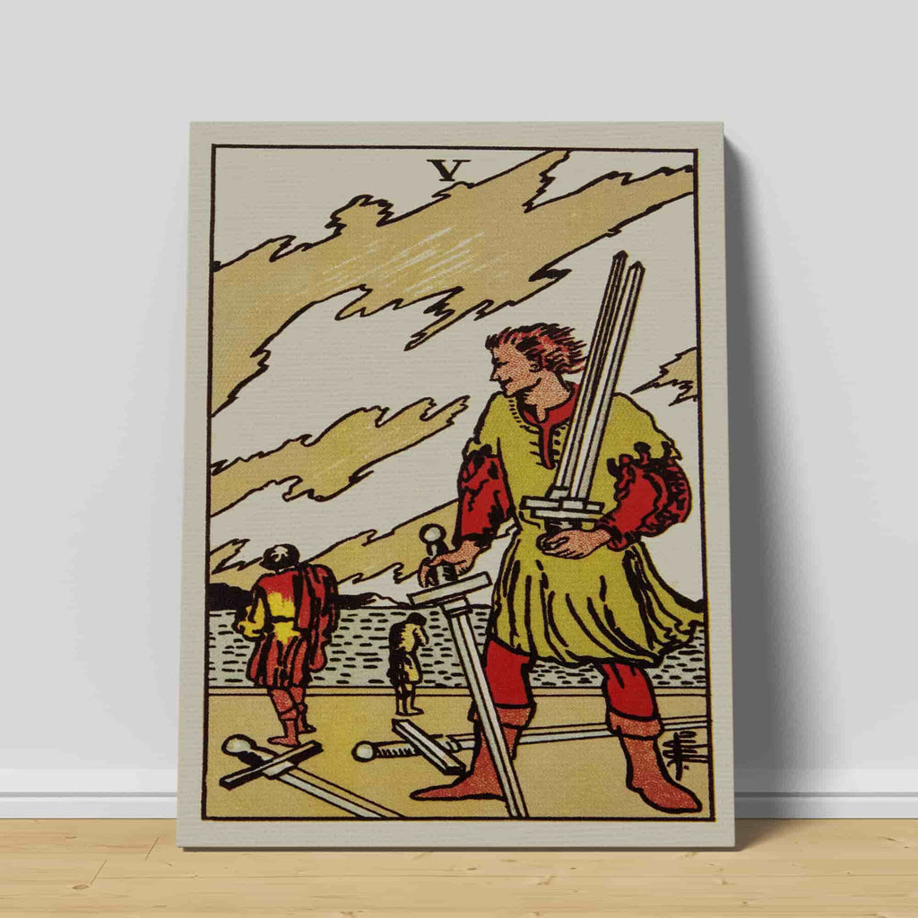 Five of Swords Tarot Card Art Print | Canvas wall art print by Wall Nostalgia. Custom Canvas Prints, Canvas wall art canada, Tarot Cards Printing Canada, Tarot Card Art Prints, five of swords Tarot Card canvas art, five of swords tarot card art, Tarot Cards Canada, Tarot Card Pictures, canvas prints calgary canada