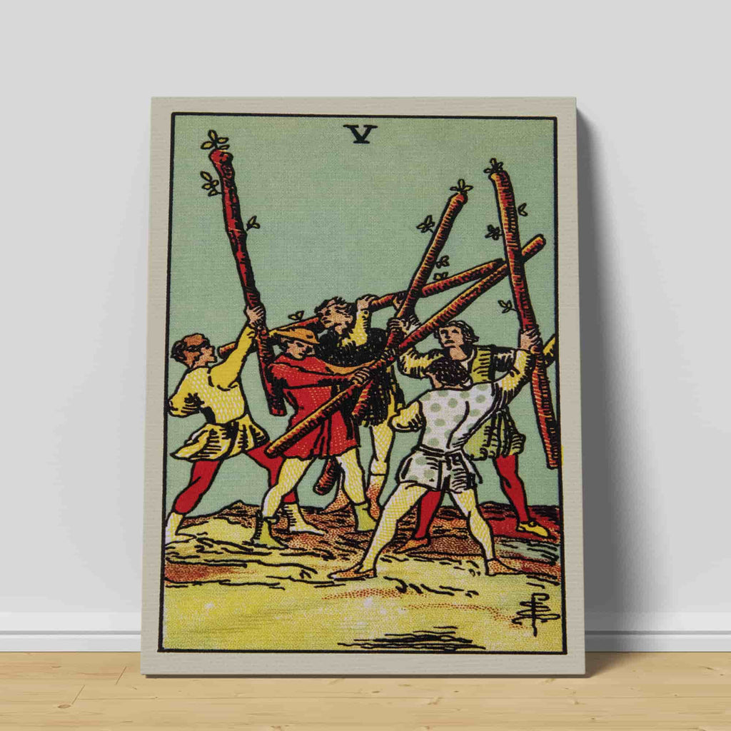 Five of Wands Tarot Card Art Print | Canvas wall art print by Wall Nostalgia. Custom Canvas Prints, Made in Calgary, Canvas wall art canada, Tarot Cards Printing Canada, five of wands Tarot Card Art Prints, Tarot Card canvas art, five of wands tarot card art, Tarot Card Canada, Tarot Card Pictures, canvas prints canada