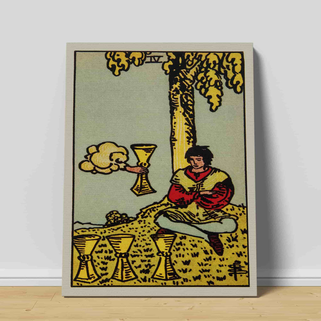 Four of Cups Tarot Card Art Print | Canvas wall art print by Wall Nostalgia. Custom Canvas Prints, Canvas wall art canada, Tarot Cards Printing Canada, Tarot Card Art Prints, Tarot Card canvas art, tarot card art, Tarot Cards Canada, Tarot Card Pictures, canvas prints Canada, four of cups tarot card wall art prints