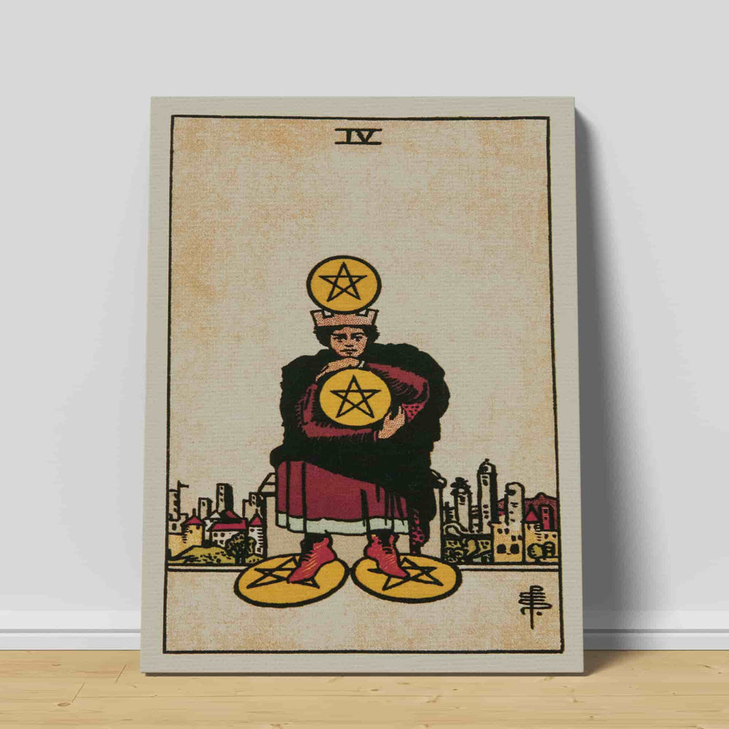Four of Pentacles Art Print | Canvas wall art print by Wall Nostalgia. Custom Canvas Prints, Made in Calgary, Canvas wall art canada, Tarot Cards Printing Canada, Tarot Card Art Prints, Tarot Card canvas art, tarot card art, Tarot Cards Canada, Tarot Card Pictures, canvas prints Canada, four of pentacles tarot card art