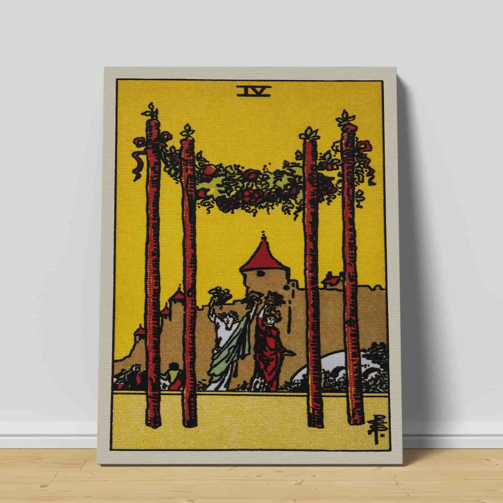 Four of Wands Tarot Card Art Print | Canvas wall art print by Wall Nostalgia. Custom Canvas Prints, Made in Calgary, Canvas wall art canada, Tarot Cards Printing Canada, Tarot Card Art Prints, Tarot Card canvas art, tarot card art, Tarot Cards Canada, Tarot Card Pictures, canvas prints Canada, four of wands tarot card 