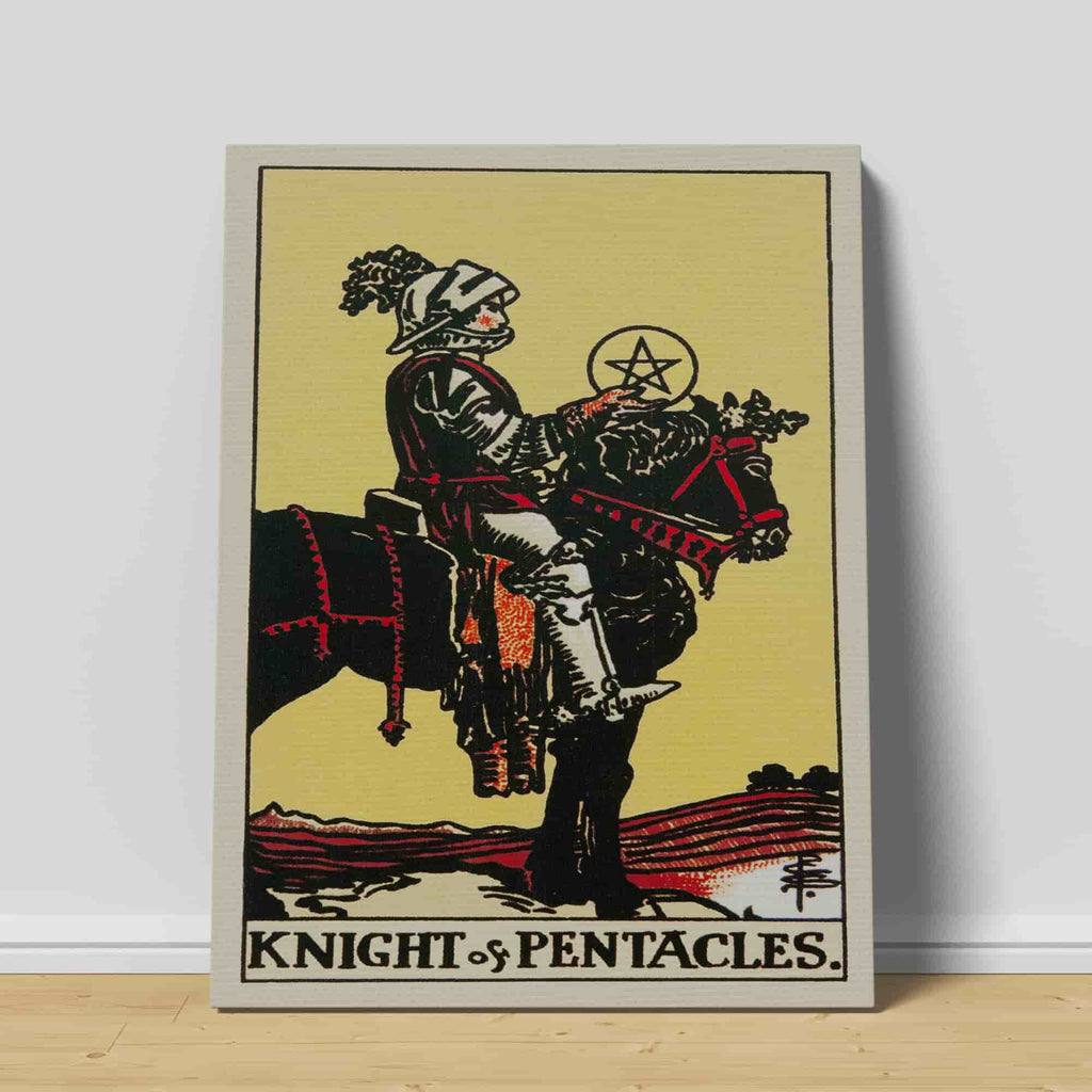 Knight of Pentacles Tarot Card Art Print | Canvas wall art print by Wall Nostalgia. Custom Canvas Prints, Made in Calgary, Canvas wall art canada, Tarot Cards Printing Canada, Tarot Card Art Prints, Knight of Pentacles Tarot Card canvas art, tarot card art, Tarot Cards Canada, Tarot Card Pictures, canvas prints Canada