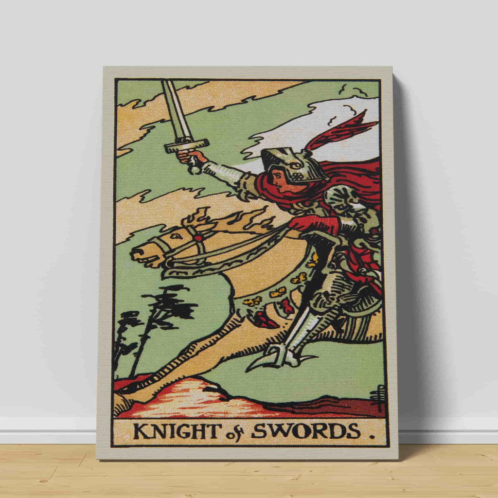 Knight of Swords Tarot Card Art Print  | Canvas wall art print by Wall Nostalgia. Custom Canvas Prints, Made in Calgary, Canvas wall art canada, Tarot Cards Printing Canada, Knight of Swords Tarot Card Art Prints, Tarot Card canvas art, tarot card art, Tarot Cards Canada, Tarot Card Pictures, canvas prints Canada