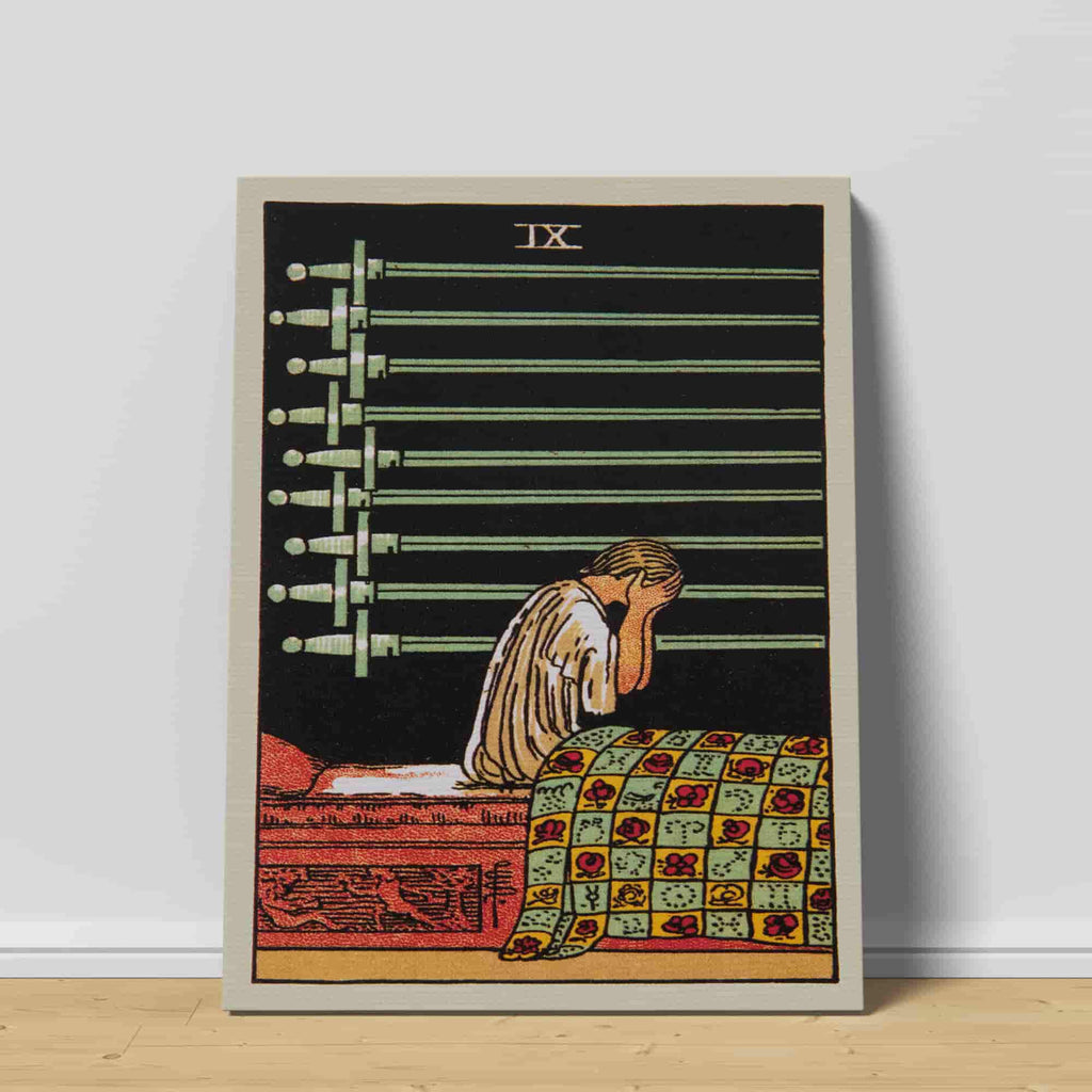 Nine of Swords Tarot Card Canvas Print | Canvas wall art print by Wall Nostalgia. Custom Canvas Prints, Made in Calgary, Canvas wall art canada, Tarot Cards Printing Canada, Tarot Card Art Prints, Tarot Card canvas art, tarot card art, Tarot Cards Canada, Tarot Card Pictures, canvas prints Canada, nine of swords tarot