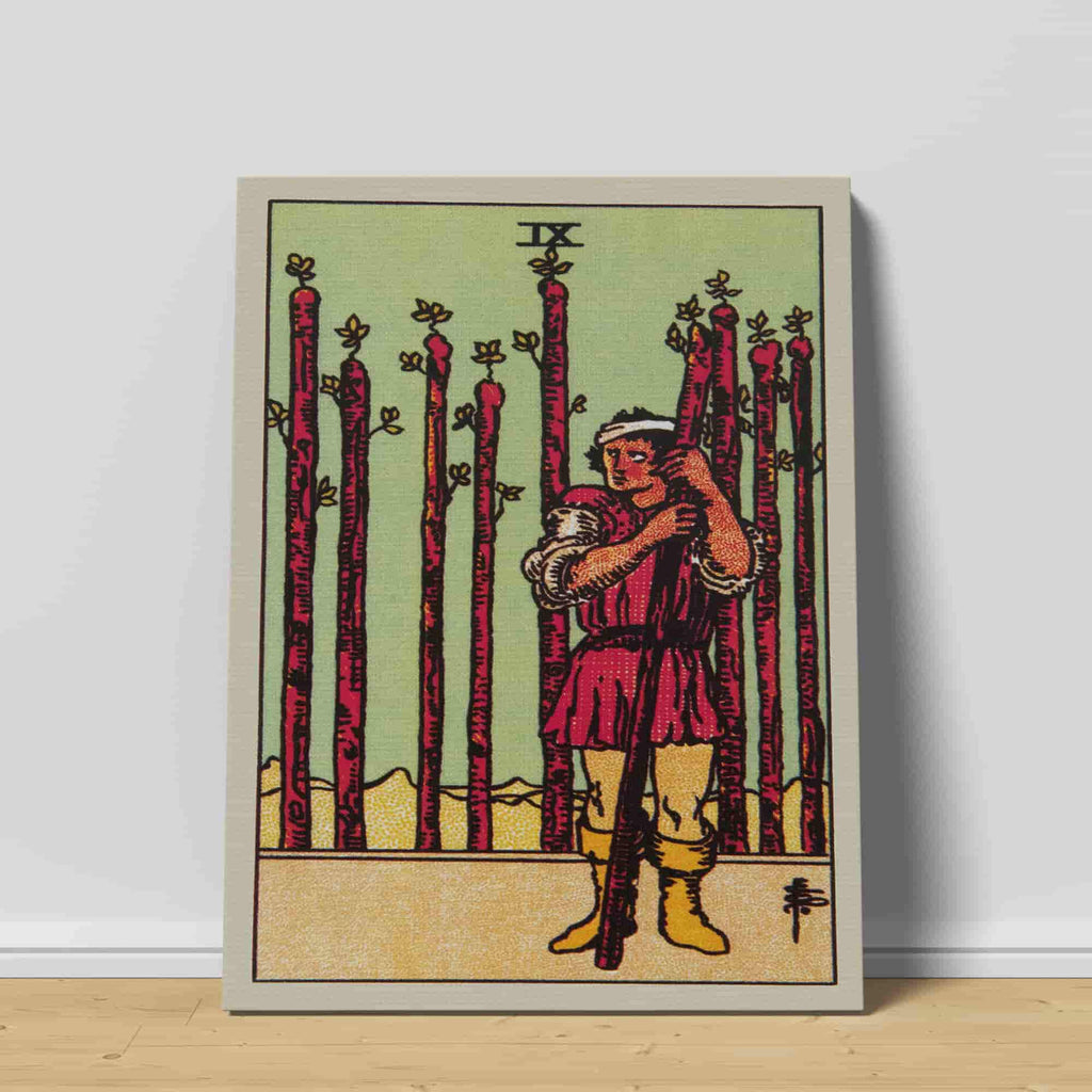 Nine of Wands Tarot Card Canvas Print | Canvas wall art print by Wall Nostalgia. Custom Canvas Prints, Made in Calgary, Canvas wall art canada, Tarot Cards Printing Canada, Nine of Wands Tarot Card Art Prints, Tarot Card canvas art, tarot card art, Tarot Cards Canada, Tarot Card Pictures, canvas prints Canada, wall art