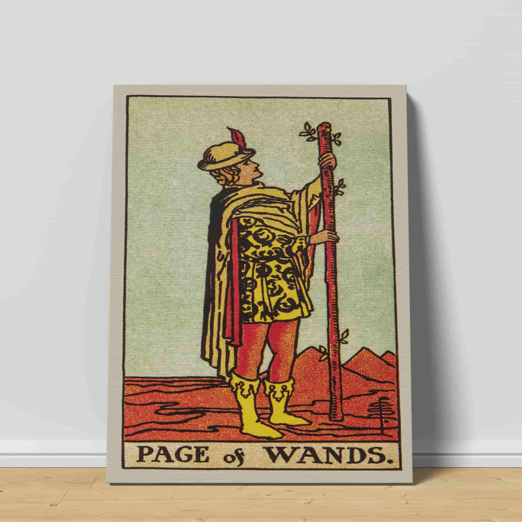 Page of Wands Tarot Card Canvas Print | Canvas wall art print by Wall Nostalgia. Custom Canvas Prints, Made in Calgary, Canvas wall art canada, Tarot Cards Printing Canada, Tarot Card Art Prints, Tarot Card canvas art, page of wands tarot card art, Tarot Cards Canada, Tarot Card Pictures, canvas prints Canada