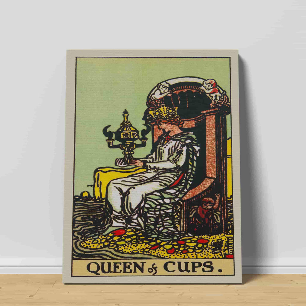Queen of Cups Tarot Card Canvas Print | Canvas wall art print by Wall Nostalgia. Custom Canvas Prints, Made in Calgary, Canvas wall art canada, Tarot Cards Printing Canada, Tarot Card Art Prints, Tarot Card canvas art, queen of cups tarot card art, Tarot Cards Canada, Tarot Card Pictures, canvas prints Canada