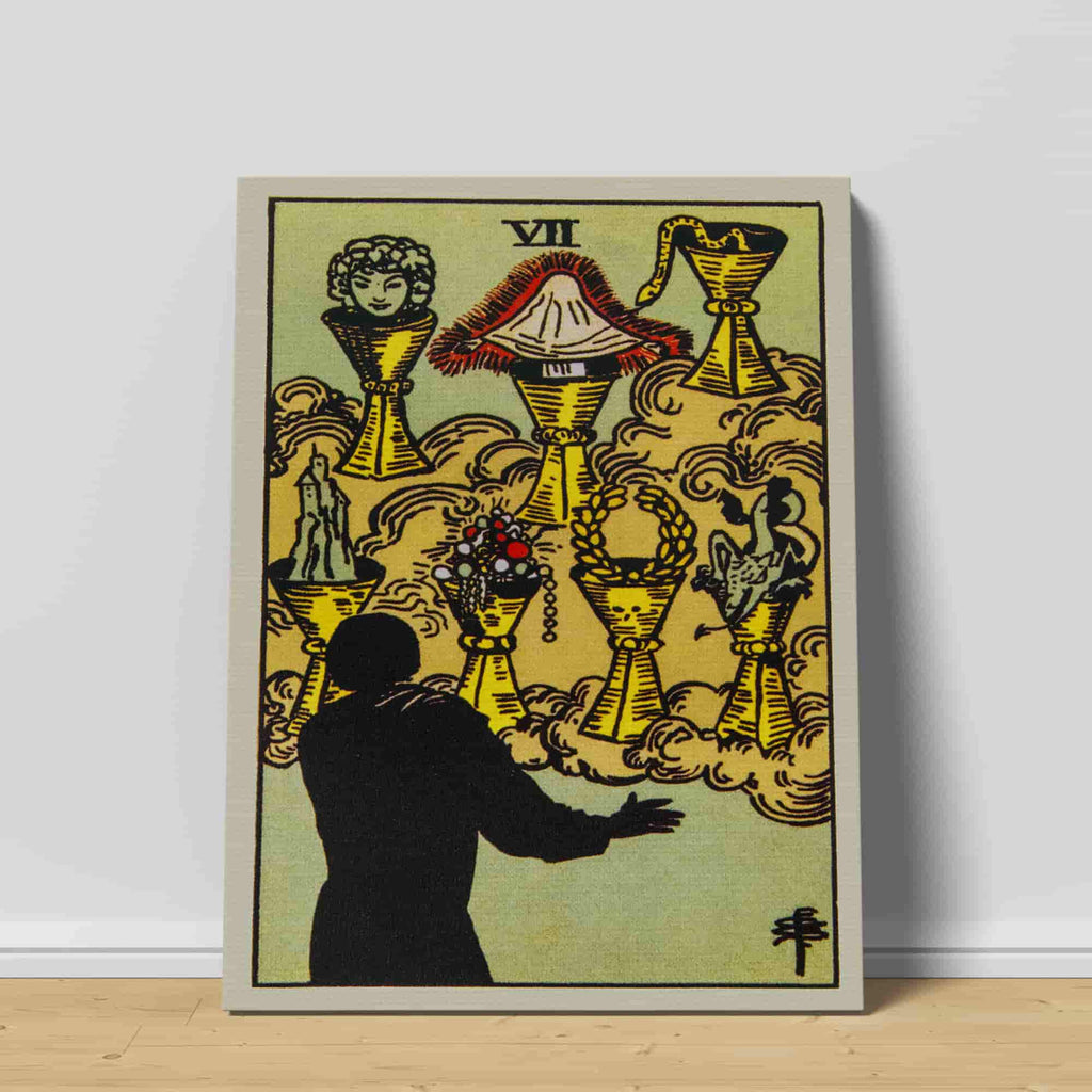 Seven of Cups Tarot Card Canvas Print | Canvas wall art prints by Wall Nostalgia. Custom canvas prints made in Calgary, canvas wall art canada, tarot cards printing Canada, tarot card art prints, tarot card canvas art, seven of cups tarot card art, tarot cards canada, tarot card pictures, canvas prints Canada wall art