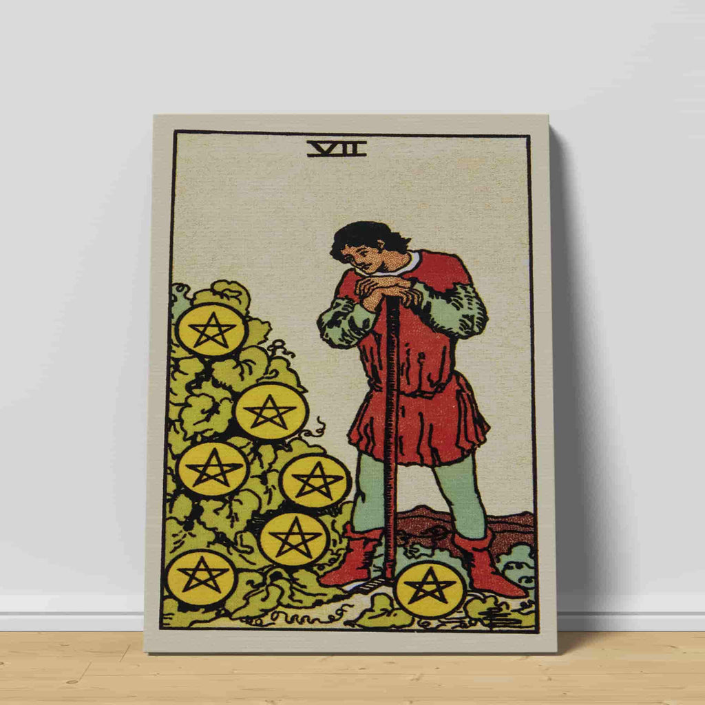 Seven of Pentacles Tarot Card Canvas Print | Canvas wall art prints by Wall Nostalgia. Custom canvas prints made in Calgary, canvas wall art canada, tarot cards printing Canada, tarot card art prints, tarot card canvas art, seven of pentacles tarot card art, tarot cards canada, tarot card pictures, canvas prints Canada