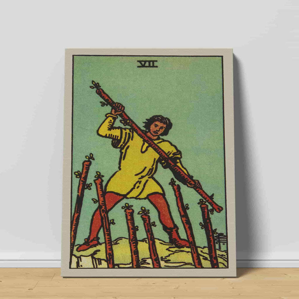 Seven of Wands Tarot Card Canvas Print | Canvas wall art prints by Wall Nostalgia. Custom canvas prints made in Calgary, canvas wall art canada, tarot cards printing Canada, tarot card art prints, tarot card canvas art, seven of wands tarot card art, tarot cards canada, tarot card pictures, canvas prints Canada, tarot