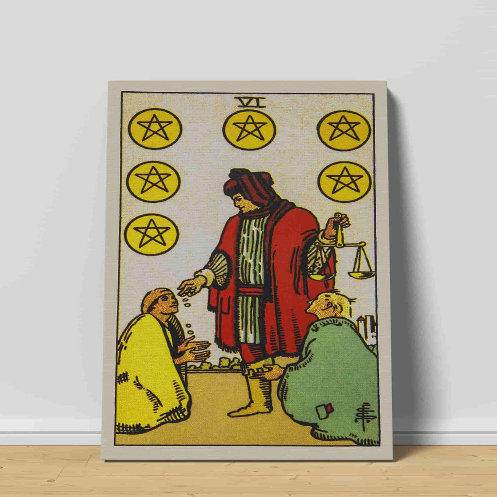 Six of Pentacles Tarot Card Canvas Print | Canvas wall art prints by Wall Nostalgia. Custom canvas prints made in Calgary, canvas wall art canada, tarot cards printing Canada, tarot card art prints, tarot card canvas art, six of pentacles tarot card art, tarot cards canada, tarot card pictures, canvas prints Canada