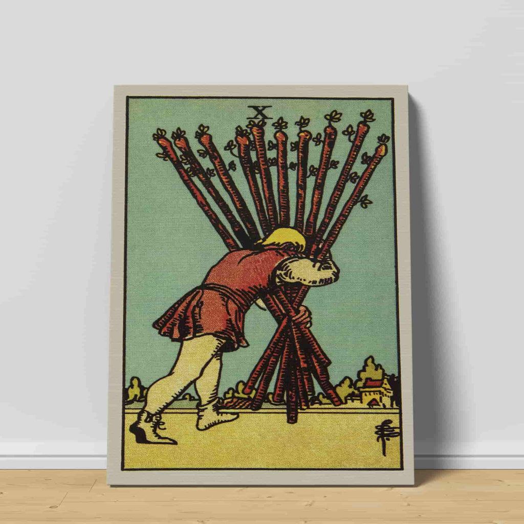 Ten of Wands Tarot Card Canvas Print | Canvas wall art prints by Wall Nostalgia. Custom canvas prints made in Calgary, canvas wall art canada, tarot card printing Canada, ten of wands tarot card art prints, ten of wands tarot card canvas art, tarot card art, tarot cards canada, tarot card pictures, canvas prints Canada