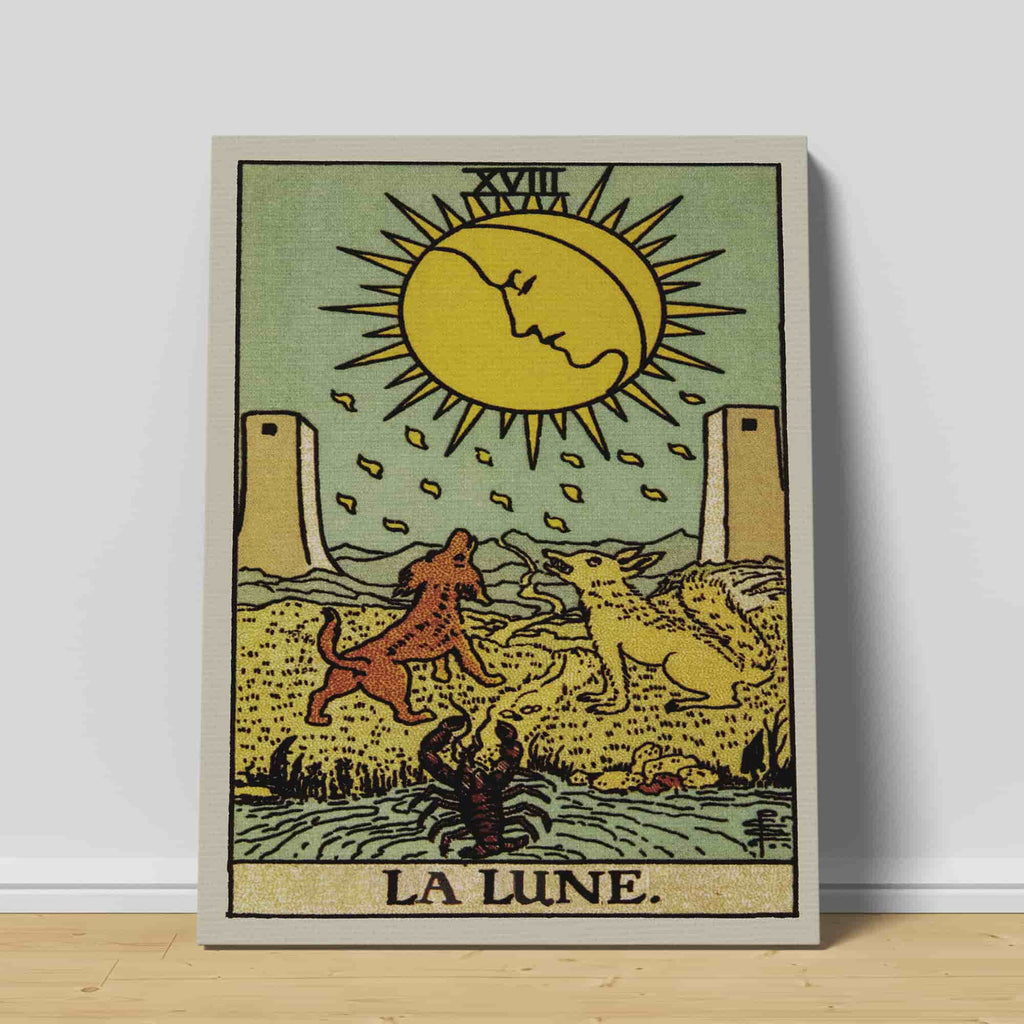 The Moon Tarot Card Art Print | Canvas wall art print by Wall Nostalgia. Custom Canvas Prints, Canvas wall art canada, the moon tarot card canvas print, Tarot Cards Printing Canada, Tarot Card Art Prints, Tarot Card canvas art, the moon tarot card art, Tarot Cards Canada, Tarot Card Pictures, canvas prints Canada