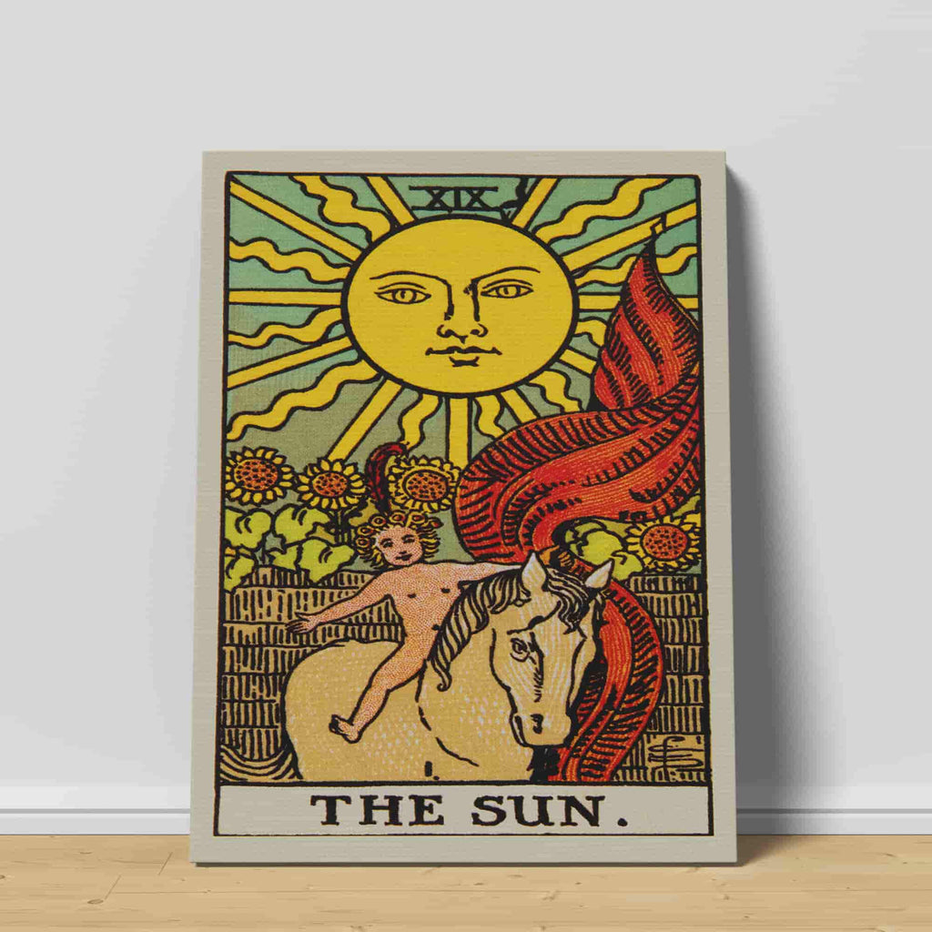 The Sun Tarot Card Canvas Print | Canvas wall art prints by Wall Nostalgia. Custom canvas prints made in Calgary, canvas wall art canada, tarot cards printing Canada, the sun tarot card art prints, the sun tarot card canvas art, the sun tarot card art, tarot cards canada, sun tarot card pictures, canvas prints Canada