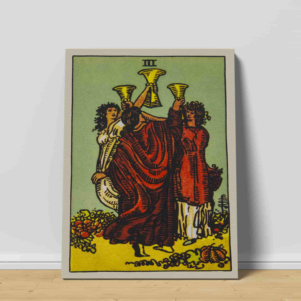 Three of Cups Tarot Card Canvas Print | Canvas wall art by Wall Nostalgia. Custom canvas prints made in Calgary, canvas wall art canada, tarot cards printing Canada, tarot card art prints, three of cups tarot card canvas art, three of cups tarot card art, tarot cards  canada, tarot card pictures, canvas art Canada