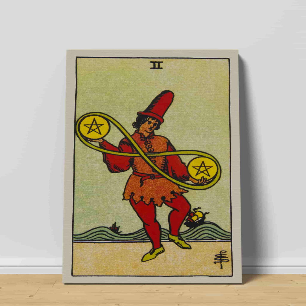 Two of Pentacles Tarot Card Canvas Print | Canvas wall art prints by Wall Nostalgia. Custom canvas prints made in Calgary, canvas wall art canada, tarot cards printing Canada, tarot card art prints, two of pentacles tarot card canvas art, tarot card art, tarot cards canada, tarot card pictures, canvas prints Canada