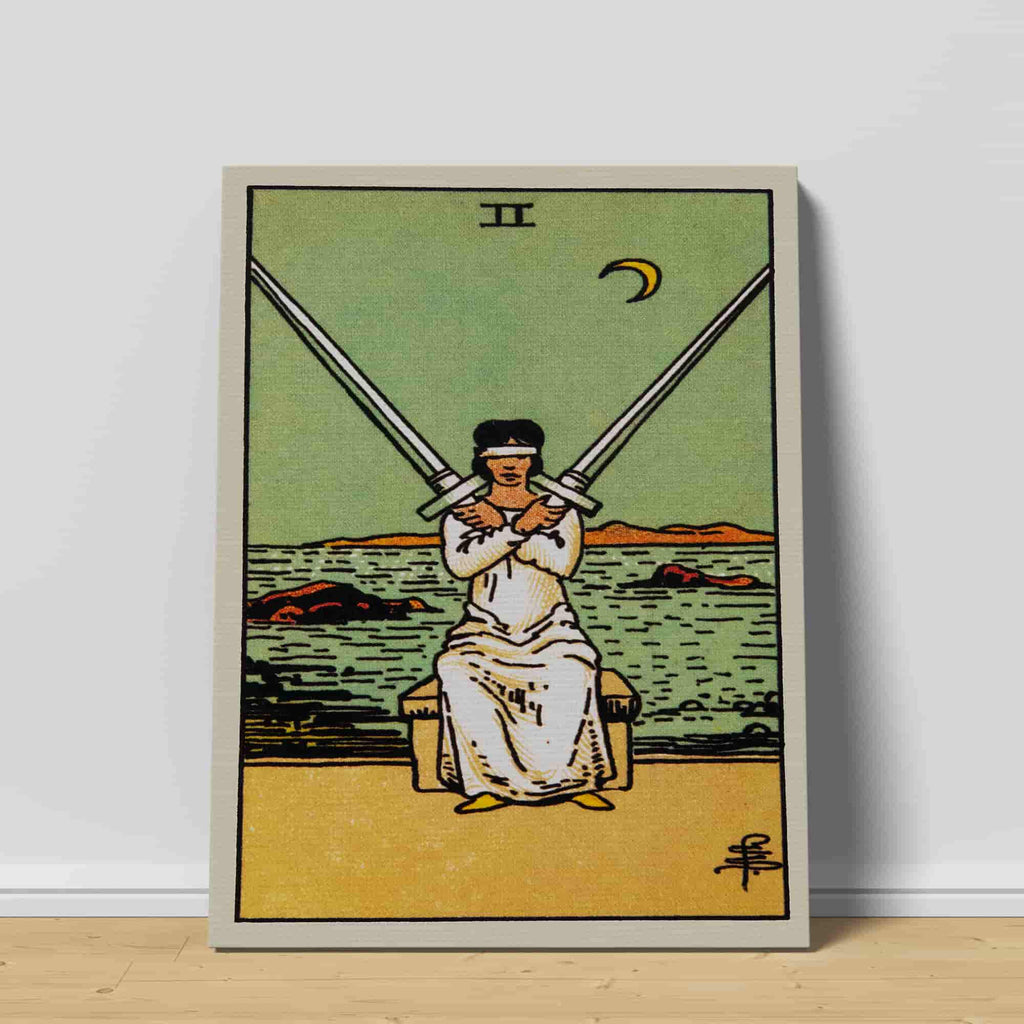 Two of Swords Tarot Card Canvas Print | Canvas wall art prints by Wall Nostalgia. Custom canvas prints, canvas wall art canada, tarot cards printing Canada, tarot card art prints, two of swords tarot card canvas art, two of swords tarot card art, tarot cards canada, tarot card pictures, canvas prints Canada