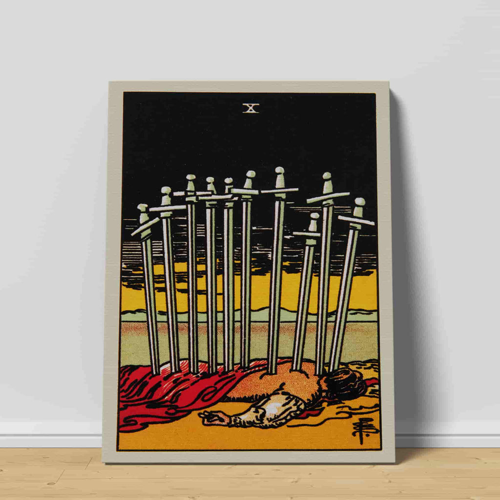 Ten of Swords Tarot Card Canvas Print | Canvas wall art prints by Wall Nostalgia. Custom canvas prints made in Calgary, canvas wall art canada, tarot cards printing Canada, ten of swords tarot card art print, tarot card canvas art, tarot card art, tarot cards canada, tarot card pictures, tarot card canvas prints Canada