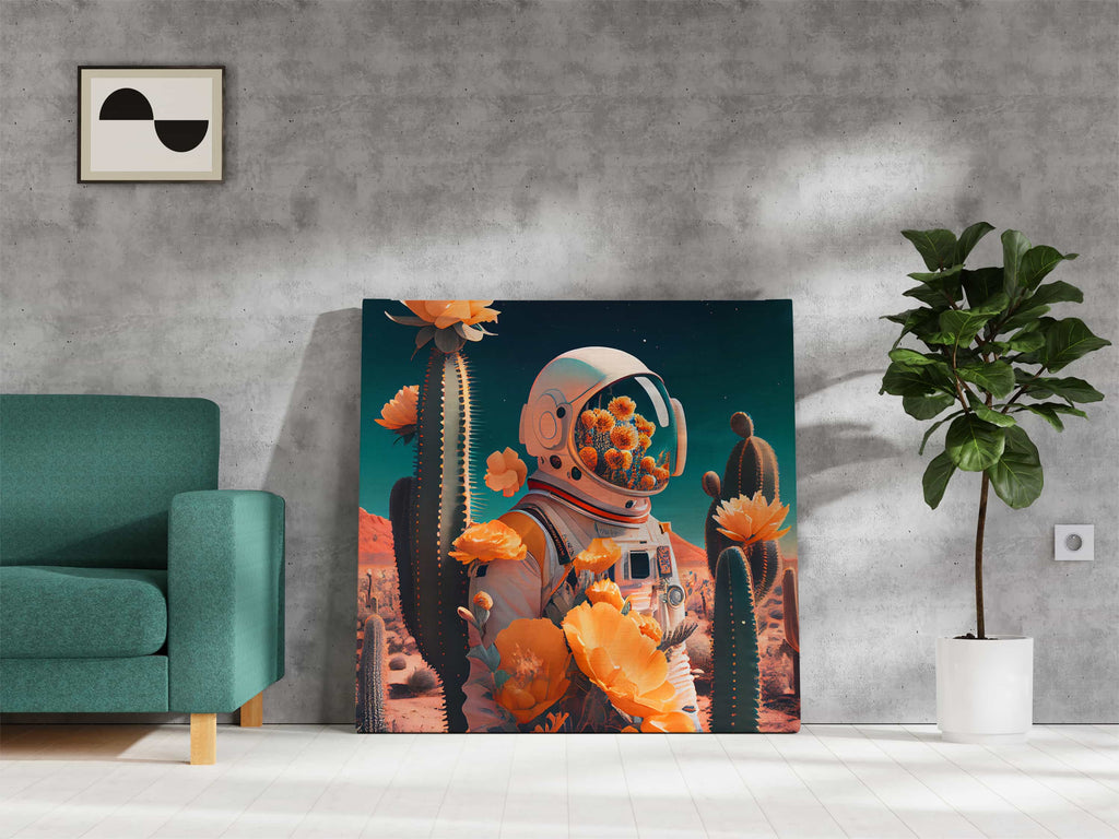 Retro Astronaut Print | Canvas wall art print by Wall Nostalgia. Custom Canvas Prints, Made in Calgary, Canada | Large canvas prints, canvas wall art canada, canvas prints canada, canvas art canada, Retro Wall art prints canada, Retro Astronaut wall art prints, trendy wall art prints canada, flower head wall art prints