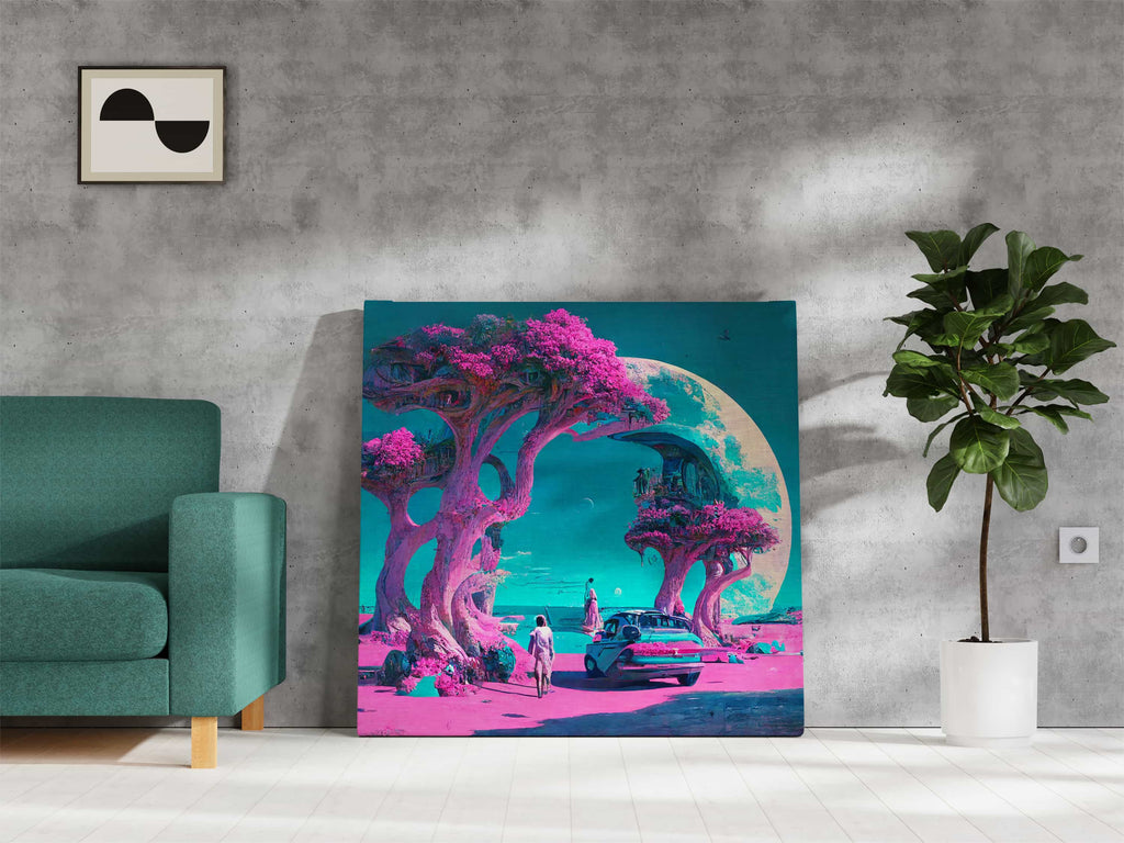 Sci Fi Synthwave Moon Square Canvas Art Print | Canvas wall art print by Wall Nostalgia. Custom Canvas Prints, Made in Calgary, Canada | Large canvas prints, canvas wall art canada, canvas prints canada, canvas art canada, synthwave aestehetic, retrowave art, retrowave aesthetic, vaporwave art, vaporwave aesthetic art