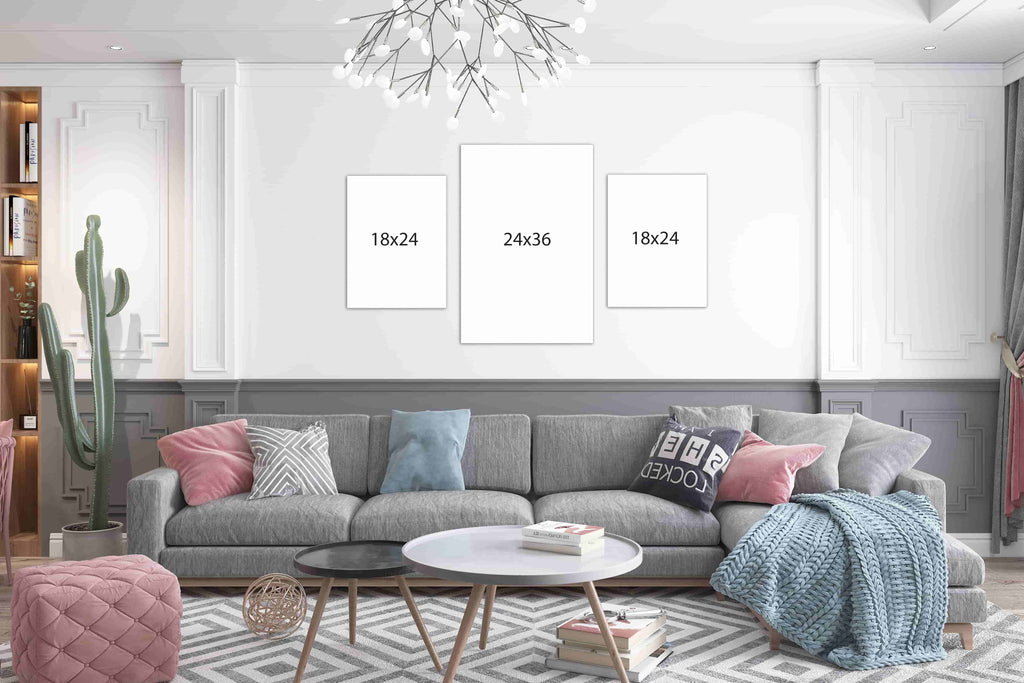 This gallery wall package of custom canvas photo prints is made up of one 24x36 custom photo print and two 18x24 canvas prints laid out create a symmetrical gallery wall display. Wall Nostalgia is a Canadian custom canvas printer and can create custom gallery wall layouts and ideas quickly and easily. Canvas photo prints take 1-2 days to produce and ship anywhere in North America for free. Create your own gallery wall layout today or choose from our various gallery wall ideas and gallery wall layouts.