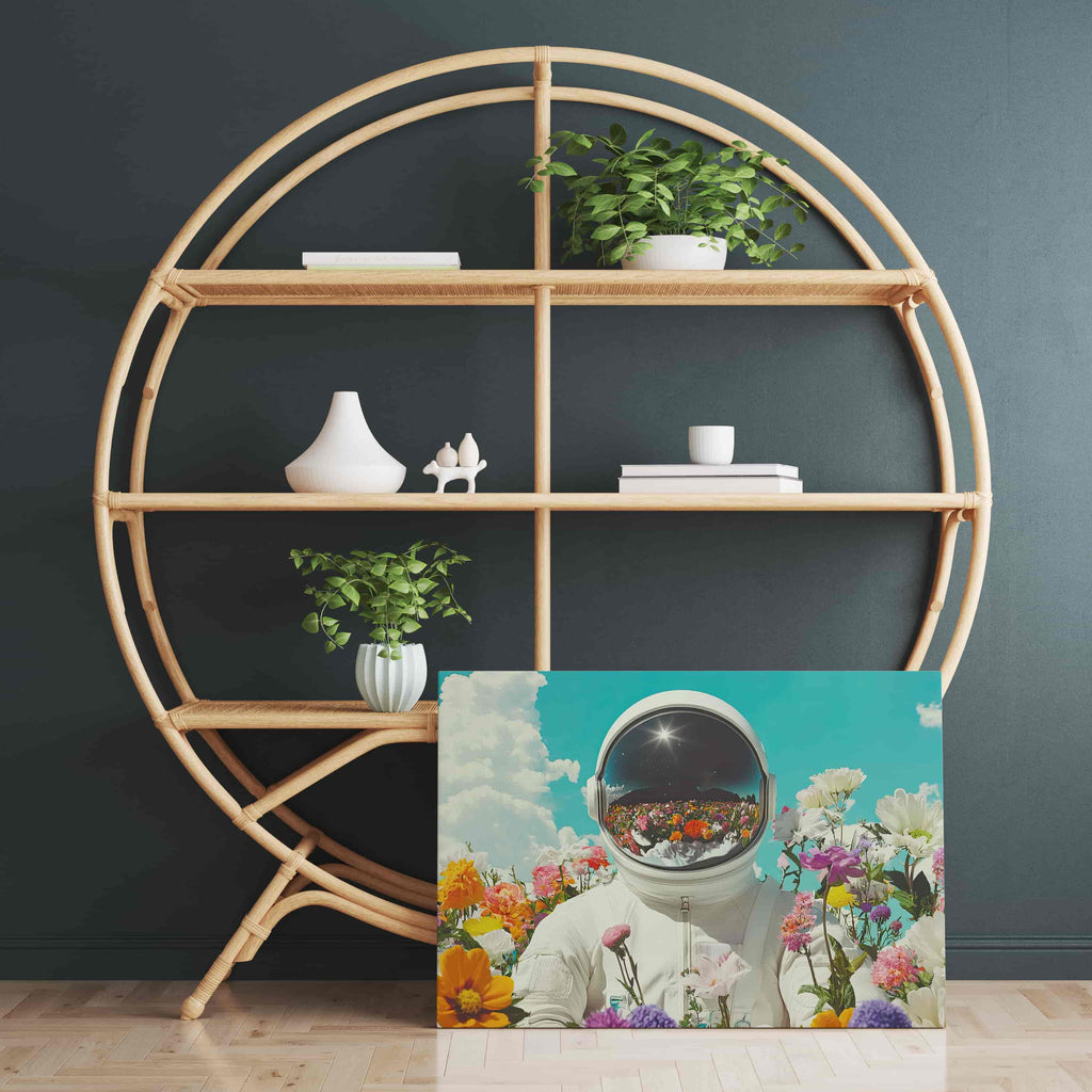 Retrospective Fields Astronaut Wall Art Print | Canvas wall art print by Wall Nostalgia. Custom Canvas Prints, Made in Canada | Wall Art Canada, Canvas Art Canada, Large canvas prints Canada, Wall Art for Living Room, Wall Art for Office, Wall Art for Bedroom, Canvas Prints Canada, Astronaut wall art, Astronaut wall decor, Astronaut art prints, Astronaut canvas print, Girly Wall Art Prints, Astronaut Flower Art Print, Unique wall art canada, trendy wall art canada, modern wall art prints canada