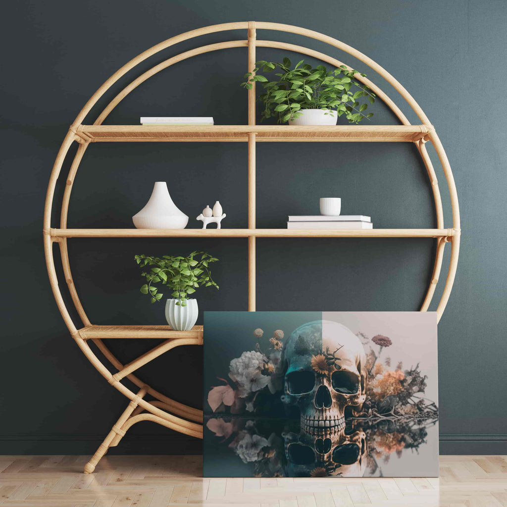 Darkness in the Flowers Canvas Print  | Canvas wall art print by Wall Nostalgia. Custom Canvas Prints Made in Canada | Skull wall art, Flower Skull Art Print, Flower Skull Wall Art, Dark wall art prints, Canvas wall art Canada, Skull Canvas Art Canada