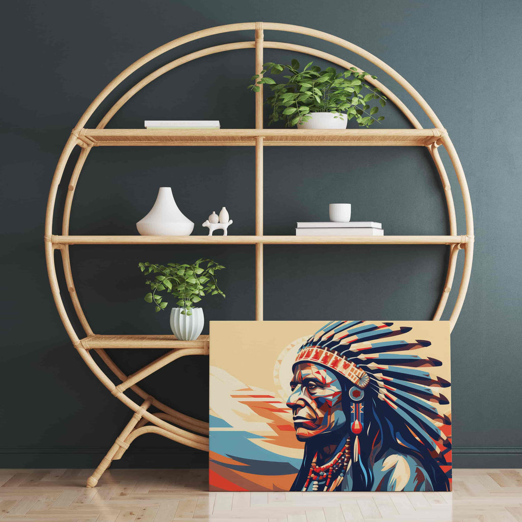 Native American Chief Canvas Art Print | Canvas wall art print by Wall Nostalgia. Custom Canvas Prints, Made in Canada | Wall Art Canada, Canvas Art Canada, Large canvas prints Canada, Wall Art for Living Room, Wall Art for Office, Wall Art for Bedroom, Canvas Prints Canada, native american man wall art, native american chief art print, native american wall art prints, indigenous art prints, aboriginal art prints, aboriginal wall art prints canada