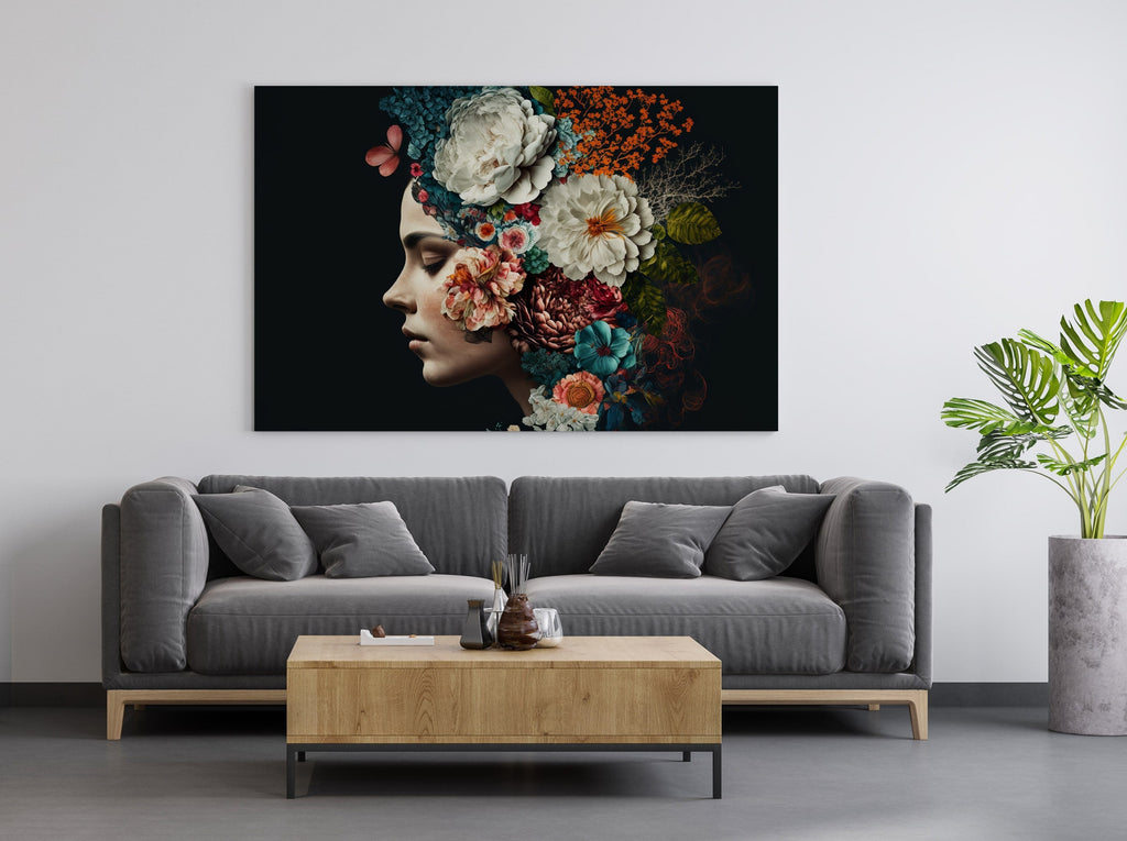 Woman Flower Hair Print | Canvas wall art print by Wall Nostalgia. FREE SHIPPING on all orders. Custom Canvas Prints, Made in Calgary, Canada | Large canvas prints, framed canvas prints, Woman with Flowers Print Canvas Wall Art | Flower head art print, Woman with flower head print, Flower head print, Floral head print