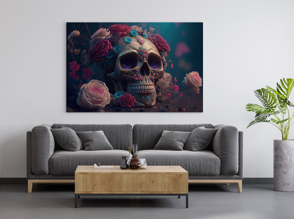 Sugar Skull Print | Canvas wall art print by Wall Nostalgia. FREE SHIPPING on all orders. Custom Canvas Prints, Made in Calgary, Canada | Large canvas prints, framed canvas prints, Sugar skull print |  Sugar skull art, Sugar skull canvas wall art or rolled canvas art, Skull flower print, Calavera skull, Skull art decor