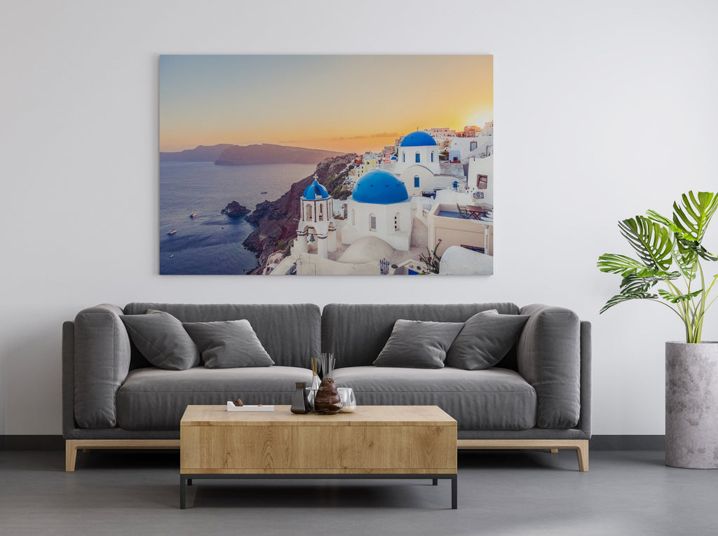 Blue Domes Greece Print | Canvas wall art print by Wall Nostalgia. FREE SHIPPING on all orders. Custom Canvas Prints, Made in Calgary, Canada | Large canvas prints, canvas prints, Santorini Greece art canvas print, Santorini print, Santorini wall art, Santorini poster, Canvas wall art, Canvas print, Oia landscape art