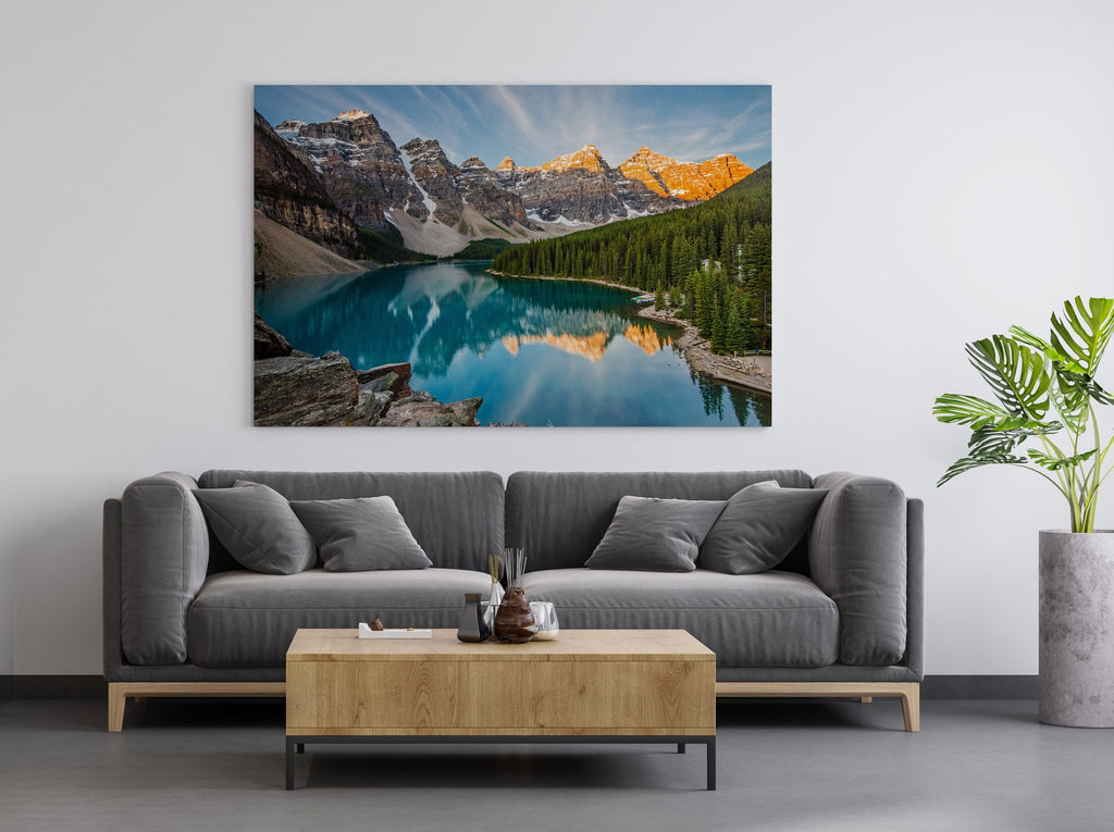 Moraine Lake Print | Canvas wall art print by Wall Nostalgia. FREE SHIPPING on all orders. Custom Canvas Prints, Made in Calgary, Canada | Large canvas prints, framed canvas prints, Banff canvas print | Canvas wall art print, Banff print, Banff wall art, Banff painting, Mountain lake print, Mountain print, Moraine Lake