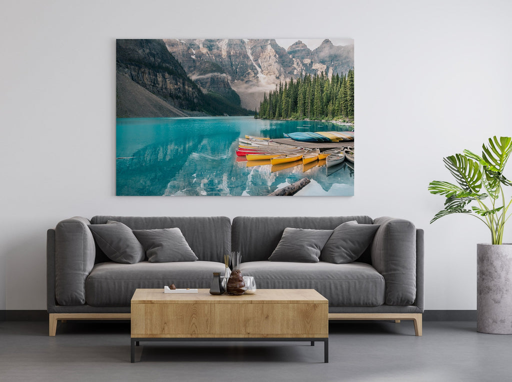 Banff Print | Canvas wall art print by Wall Nostalgia. FREE SHIPPING on all orders. Custom Canvas Prints, Made in Calgary, Canada | Large canvas prints, framed canvas prints, Moraine Lake print | Mountain lake wall art, Banff print, Lake Moraine print, Moraine lake canvas, Banff National Park, Lake Louise wall art