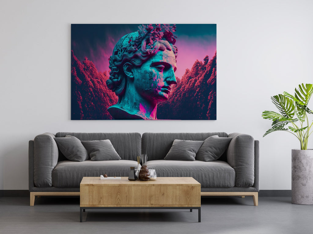 Neon Vaporwave Statue Print | Canvas wall art print by Wall Nostalgia. FREE SHIPPING on all orders. Custom Canvas Prints, Made in Calgary, Canada, Large canvas prints, framed canvas prints, Greek statue art print, Canvas wall art print, vaporwave print, greek god print, greek print, pop art wall art, cyberpunk wall art